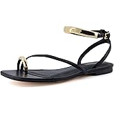 CUSHIONAIRE Secret Flat Sandals for Women with Gold Ankle Cuff and Toe Ring Strap, Vegan Leather Dress Sandals