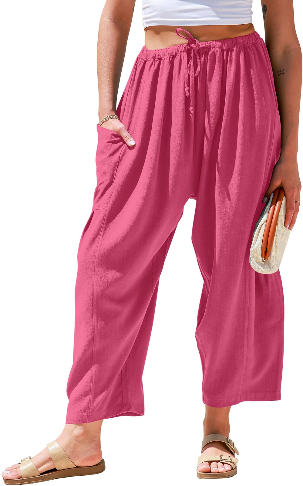 Photo 1 of TARSE Womens Linen Wide Leg Pants Casual Loose Drawstring Low Waist Beach Palazzo Harem Pants with Pockets(BrightPink,L)