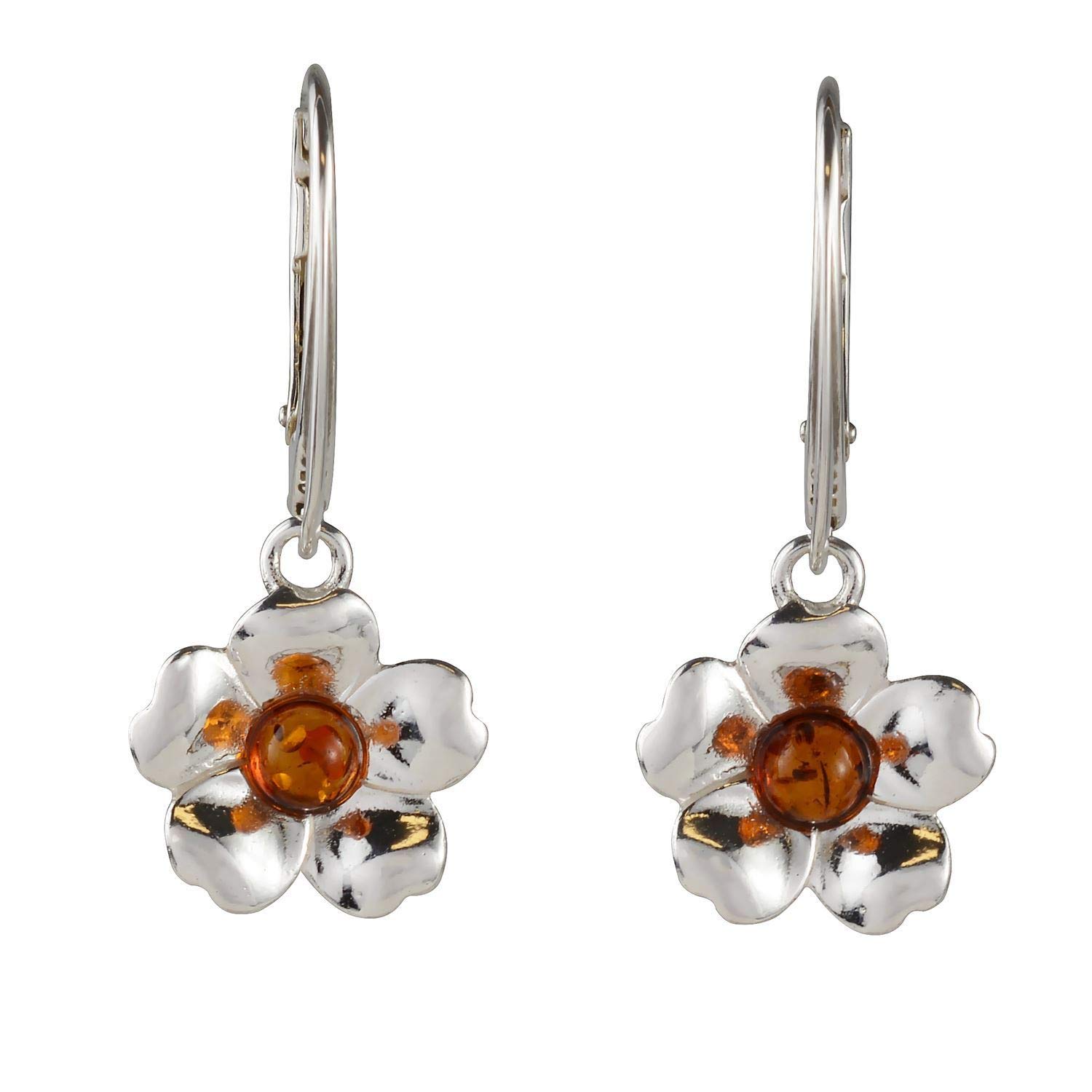 Sterling Silver and Baltic Honey Amber French Leverback Rose Mallow Earrings