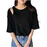 SHENHE Women's Summer Cut Out Tops Sexy Casual Short Sleeve Crew Neck Loose Fit T Shirts 2025