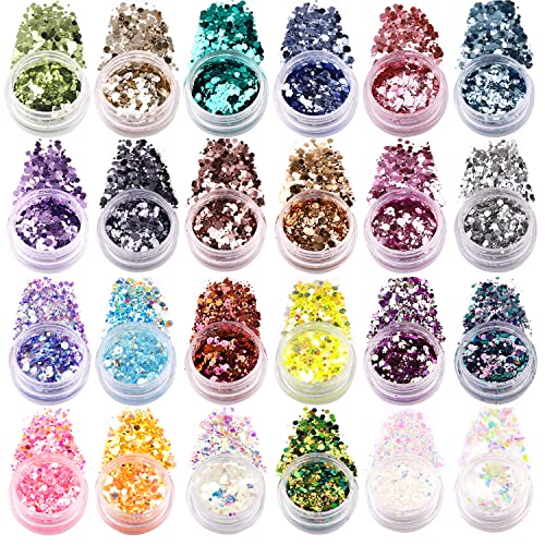 BISHENGYF 24 Mixed Nail Glitter Sequins Powder, Luminous Paillette, Chameleon Flakes, Acrylic Mermaid Powder Flakes Set with Brush and Picker for Nail Art and Shiny Craftwork.