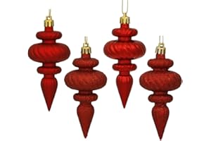 Vickerman 4" Red 4-Finish Finial Ornament - Shatterproof Plastic Christmas Tree Decoration - 8 Per Pack - Featuring Shiny, Matte, Glitter and Sequin Finishes