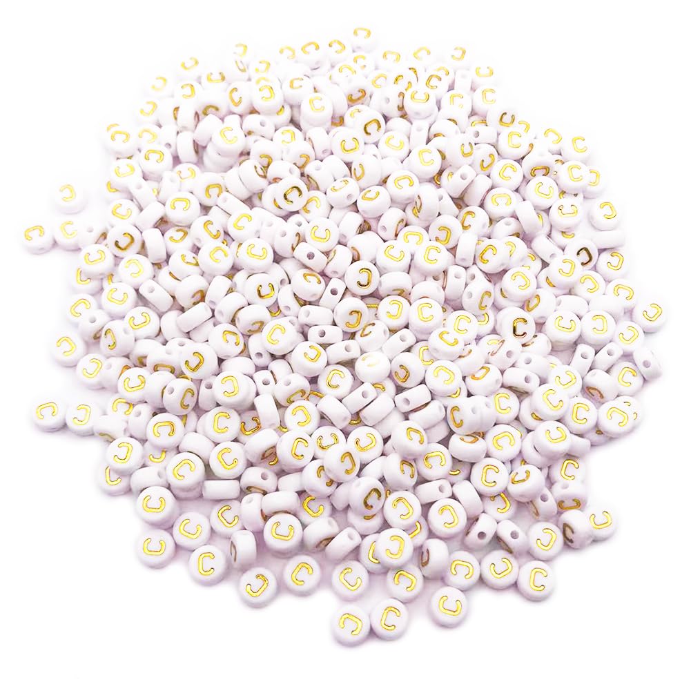 500PCS 4x7mm Acrylic Letter Beads C for Friendship Bracelets Jewelry Making, White Flat Round Acrylic with Golden Alphabet Beads for DIY Crafts Bracelets Necklaces Key Chains Phone Lanyard