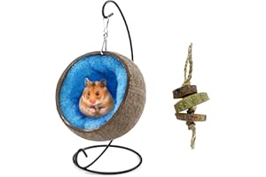 Ranslen Natural Coconut Hamster Hideout Hammock with Molar Toy Suspension Coconut Husk Hamster Bed House with Warm Pad Small Animal Guinea Pigs Habitat Decor Accessories Hanging Loop (Brown)