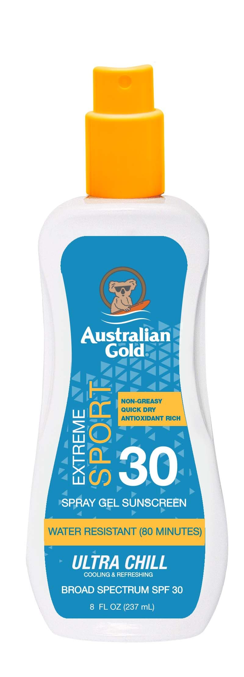 Photo 1 of Australian Gold Extreme Sport Spray Gel Sunscreen SPF 30, 8 Ounce | Broad Spectrum | Sweat & Water Resistant | Non-Greasy | Oxybenzone Free | Cruelty Free