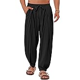 Gafeng Mens Linen Yoga Pants Elastic Waist Drawstring Summer Beach Loose Fit Casual Tapered Trousers