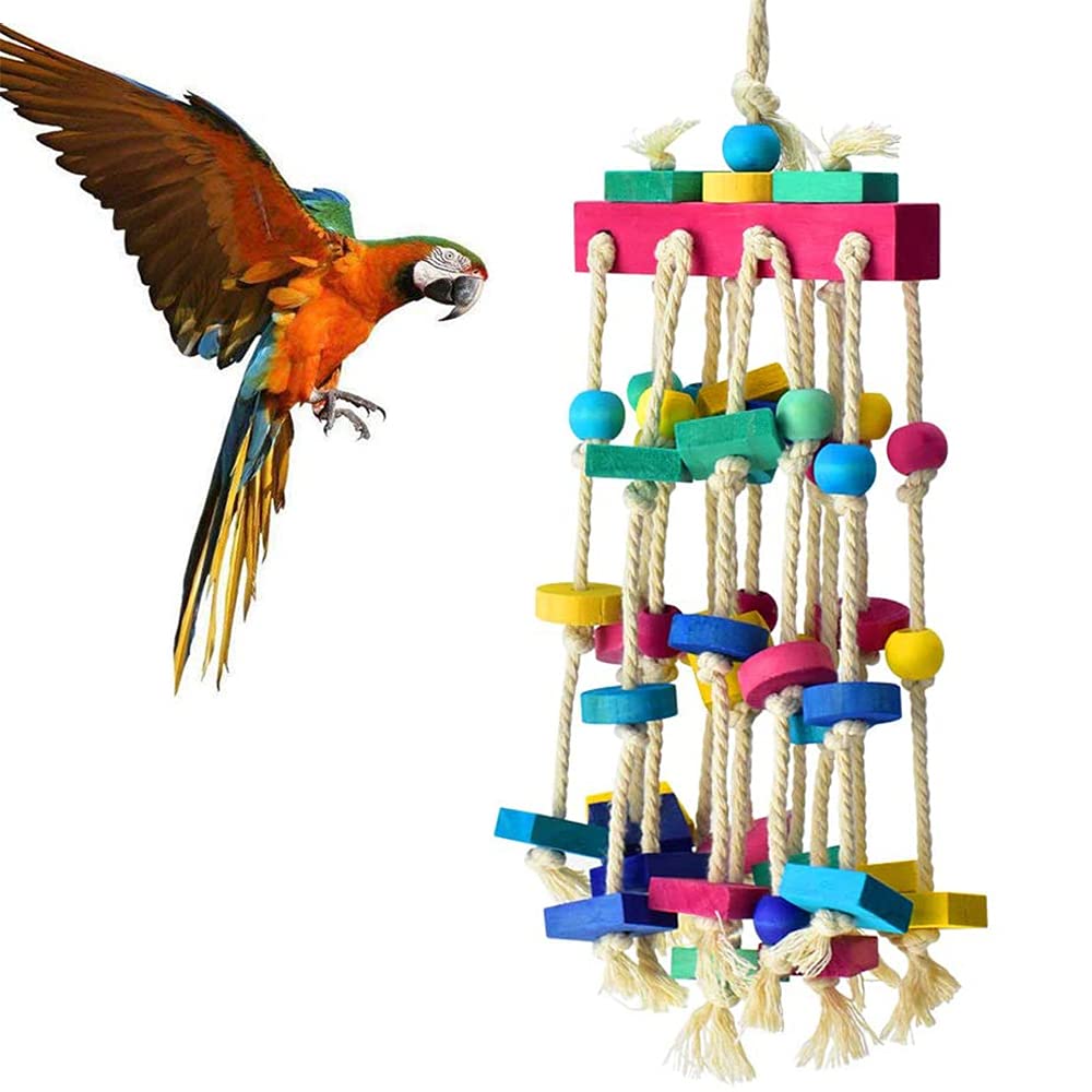 Kalsey Parrot Cage Bite Toys, Wood & Cotton Rope Bird Toys, Multicolored Blocks for Parrots, Birds Stand, Play, Climb