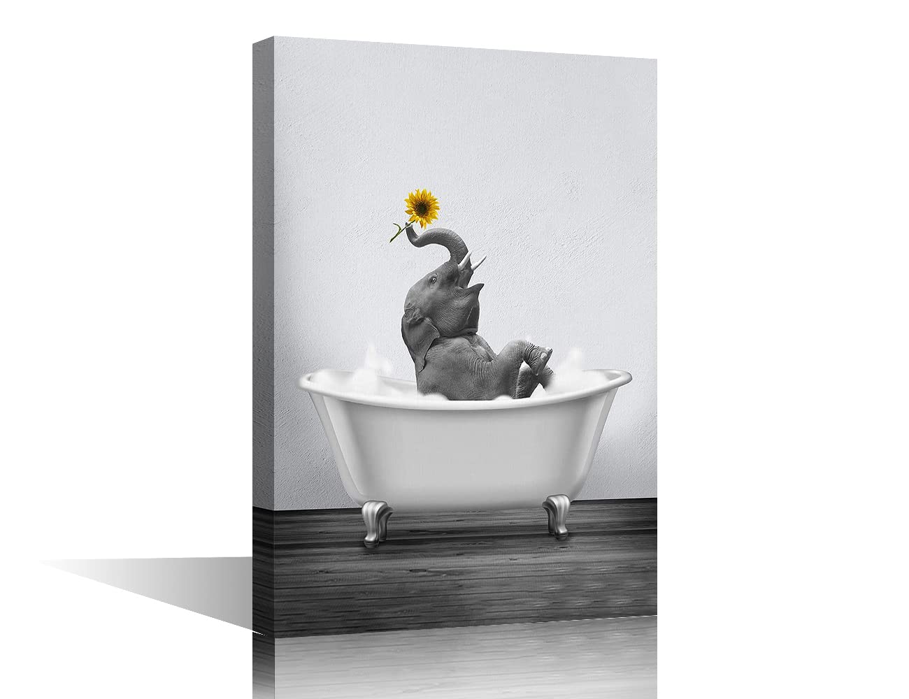Elephant in The Bathtub Oil Paintings On Canvas Wall Art Grey Wildlife Art Print Artwork for Living Room Kitchen Corridor Bedroom Office Decor Framed Ready to Hang 8x12inch (20x30cm) — image 1