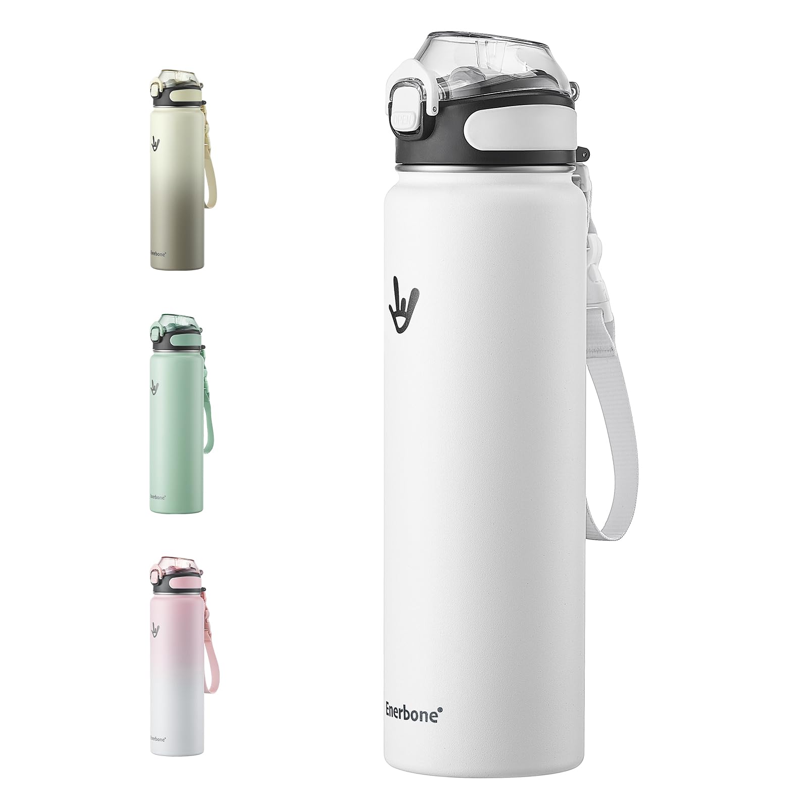 Photo 1 of Enerbone 32 oz Insulated Water Bottle, Stainless Steel Bottle with Carrying Strap, Double-Wall Vacuum Insulation thermos-flask, Leakproof Sports Bottle with Straw, Keep Drinks Cold or Hot for Hours