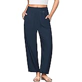 GRAPENT Linen Pants Women Wide Leg High Waisted Cropped Barrel Pull On Smocked Elastic Waist Summer Pants with Pockets