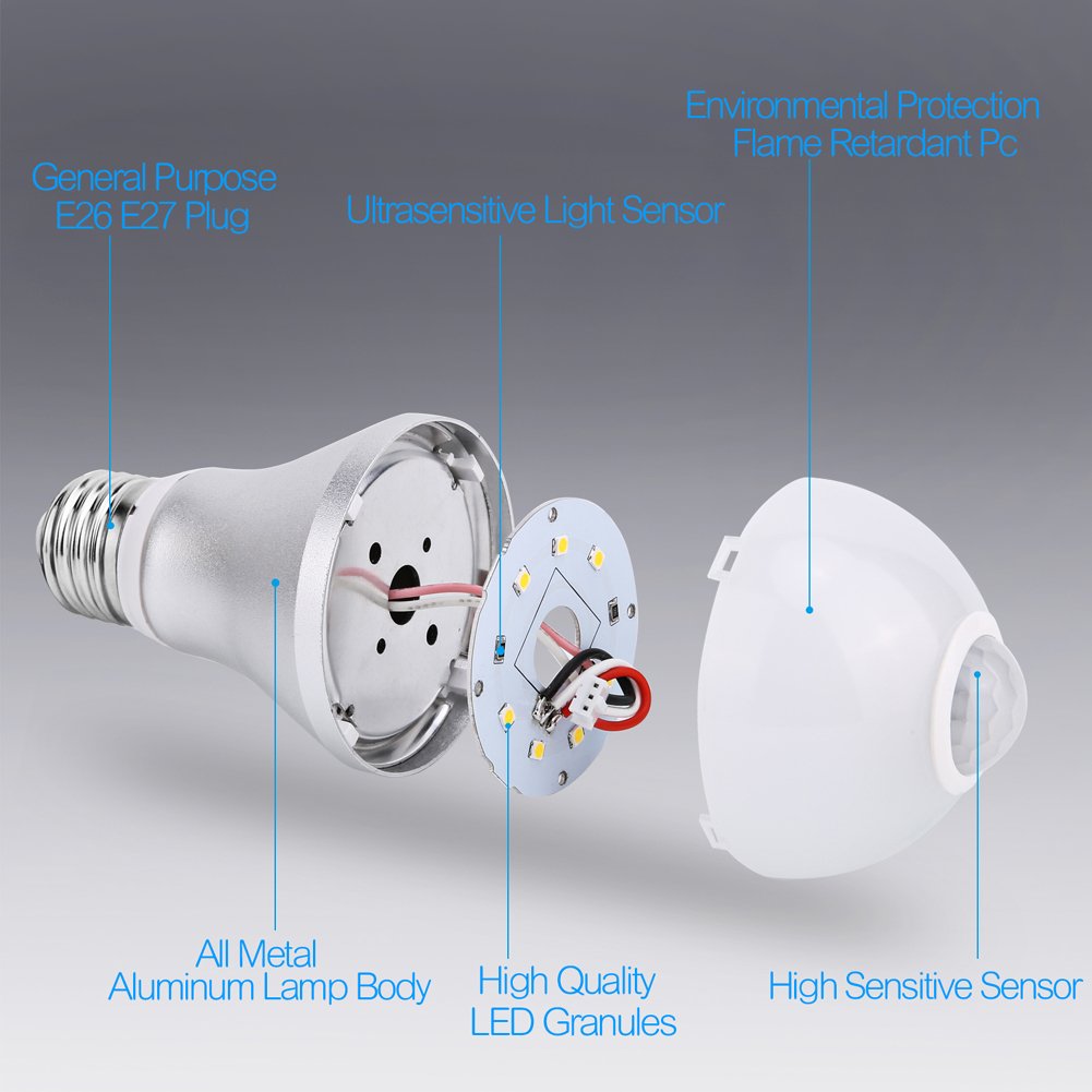 Motion Sensor Light Bulb 7W Smart PIR Motion Activated LED Bulbs Auto On/Off Dusk to Dawn Lights Outdoor/Indoor Lamp for Stairs Front Door Hallway Patio Yard Basement (E26/E27, Cold White, 2 Pack)