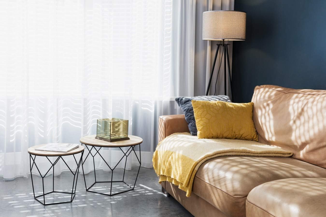 LIFA LIVING Set of 2 Side Tables for Living Room, Pre-assembled Geometric Contemporary Coffee Tables for Small Spaces, Metal & Removable Round Wooden Top, Bedroom Nesting End Bedside Tables, 20kg