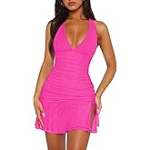 Women Sexy Halter Deep V Neck Ruched Bodycon Dress Summer Side Slit Mesh Hem Cocktail Club Party Short Mini Dresses