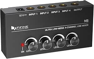 FIFINE Ultra Low-Noise 4-Channel Line Mixer for Sub-Mixing,4 Stereo Channel Mini Audio Mixer with AC adapter.Ideal for Small Club or Bar. As Microphones,Guitars,Bass,Keyboards or Stage Sub Mixer-N5