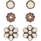 NIVEK Set of 3 White Turquoise Color Stud Earrings Copper Antique Finish Western Boho Flower Round Bohemian Southwestern