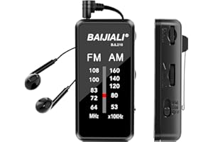 BAIJIALI Clip-On AM/FM Receiver with Headphones - Ultra Portable Pocket-Sized, Battery Operated Radio for Emergency, Running, Camping, Elderly & Kids (BJL216, Black)