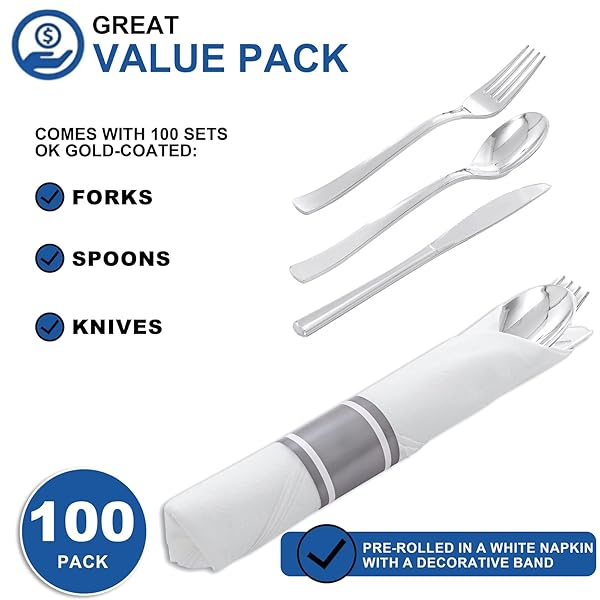 JOYIDO 100PACK WRAPPED SILVER PLASTIC SILVERWARE SETS – HEAVY DUTY PLASTIC SILVERWARE INCLUDE PRE ROLLED DISPOSABLE UTENSILS WITH NAPKINS FOR PARTIES & DINNERS & WEDDINGS