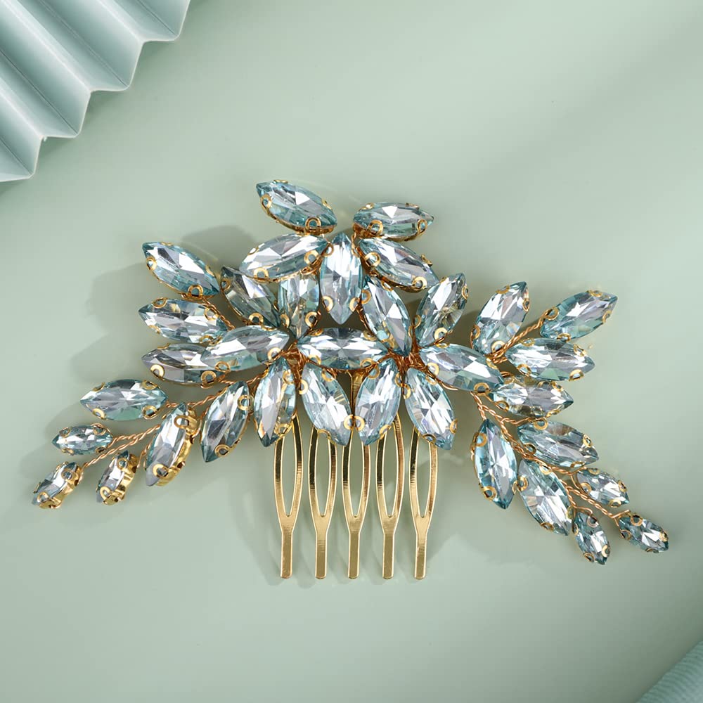 Kercisbeauty Opal Crystal Rhinestones Gold Hair Comb for Wedding Women Bridal Shower Party Bohemian Handmade Jewelry (Opal)