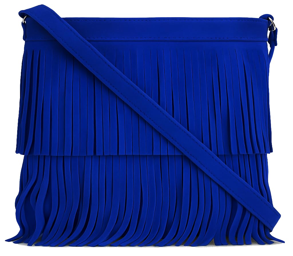 LiaTalia Womens Fringe Handbag - Real Italian Suede Leather - Tassle Effect Shoulder Bag in Medium Size - Ashley [Electric Blue]