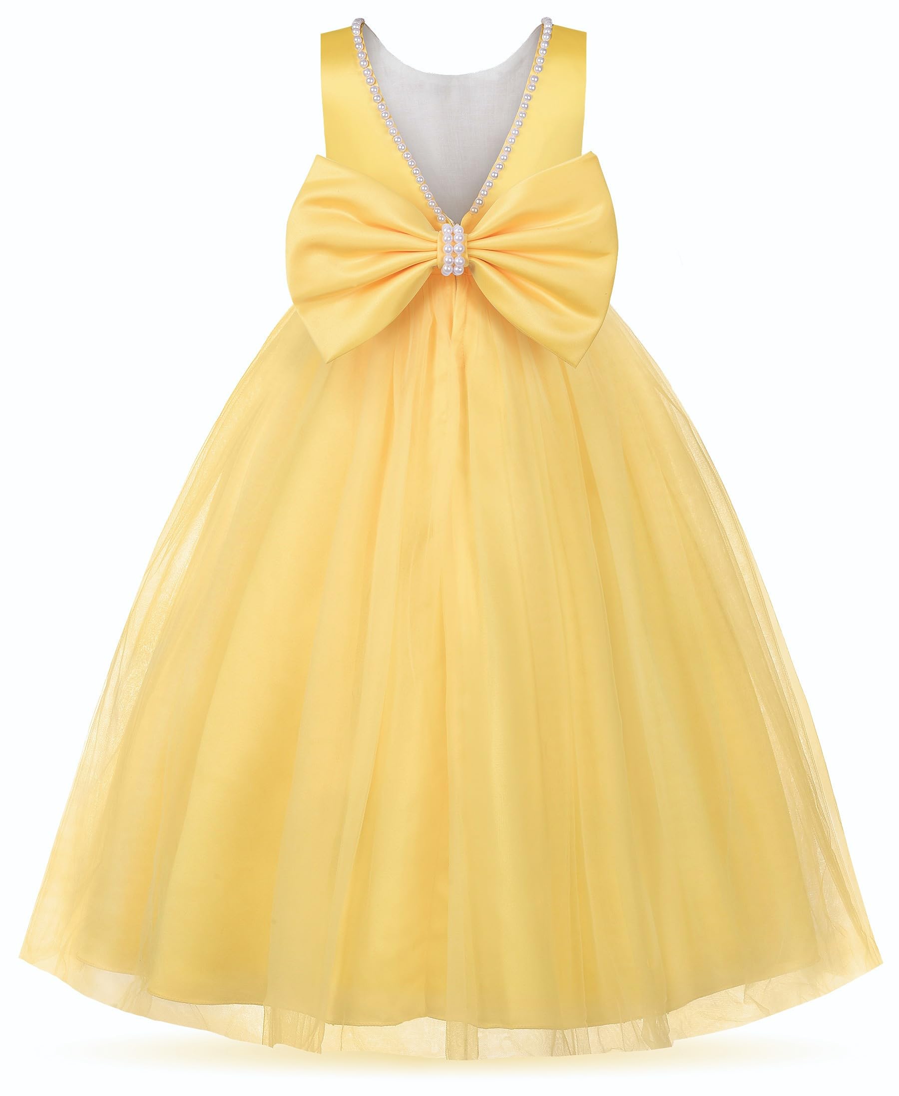 Photo 1 of ***Broken zipper***
Uhnice Flower Girl Pearls Dress V-Back Tulle Ball Gown Satin Prom with Bow-Knot for Wedding Pageant Birthday Party (Yellow, 120/5-6 Years)