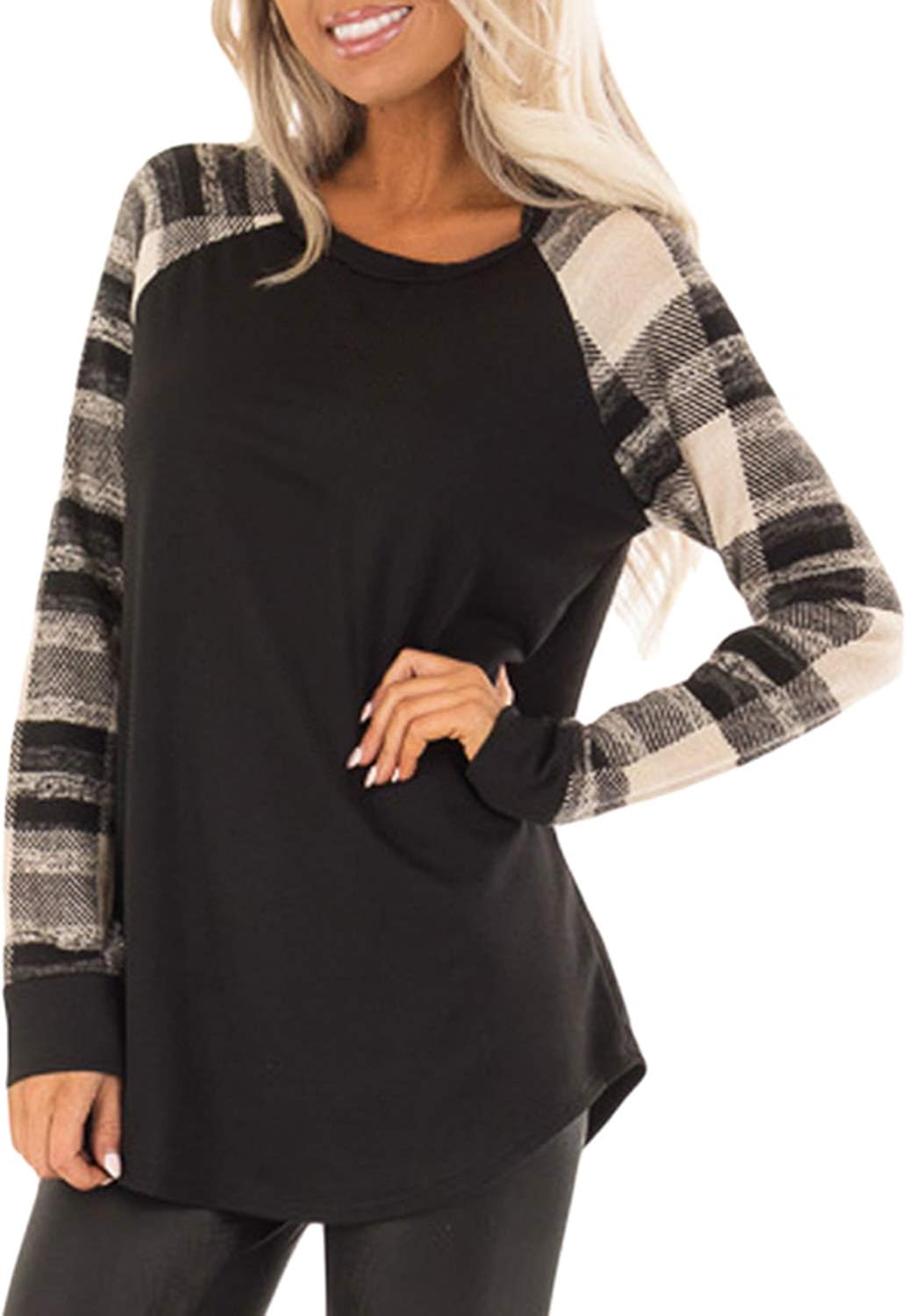 Asvivid Womens Color Block Tunic Tops Crewneck Long Sleeve T-Shirt Casual Loose Shirt Blouses