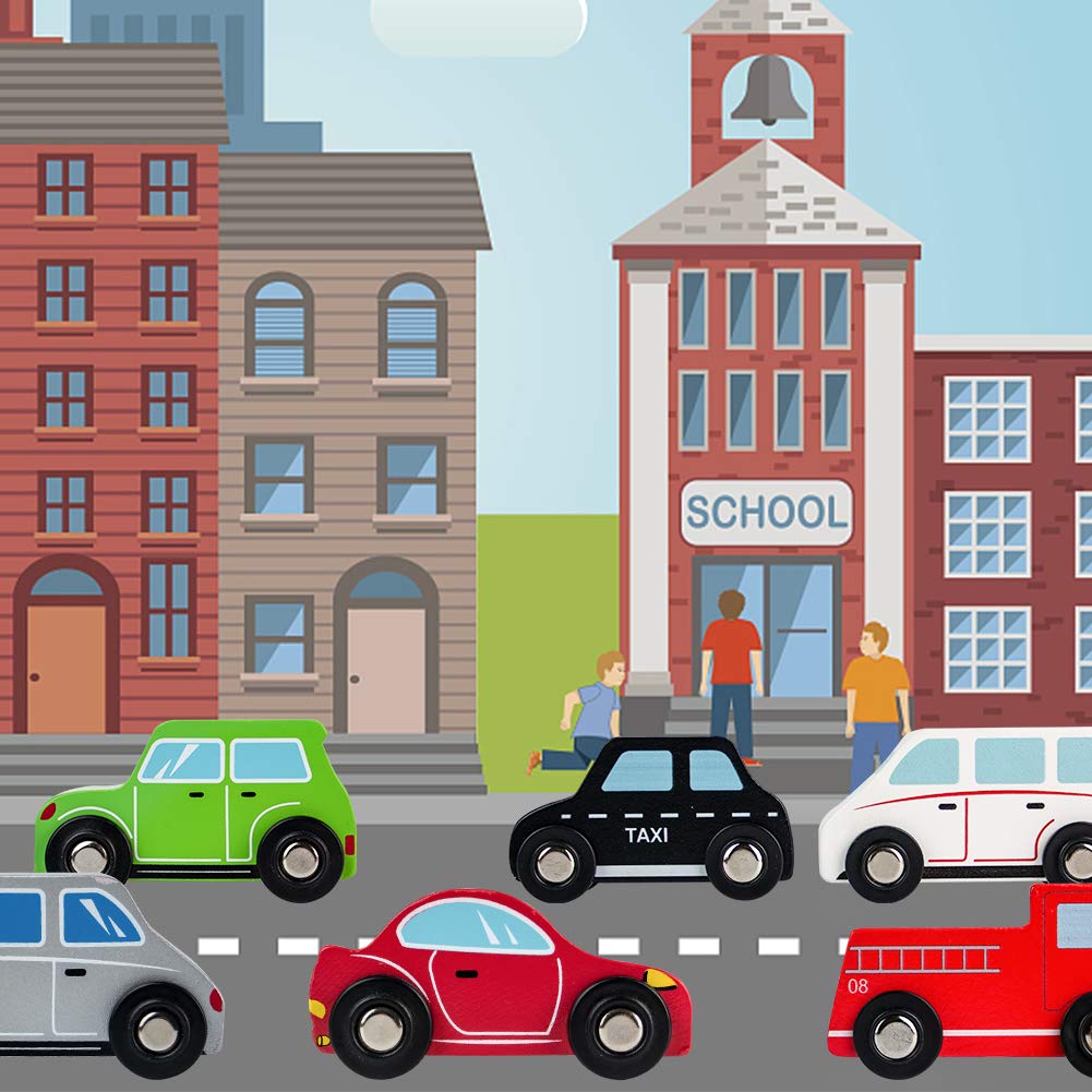 Jerryvon Wooden Car Toys Pull Mini Vehicles Set Smooth & Bright Color Great Travel Kid Toy Gift for Baby Toddlers