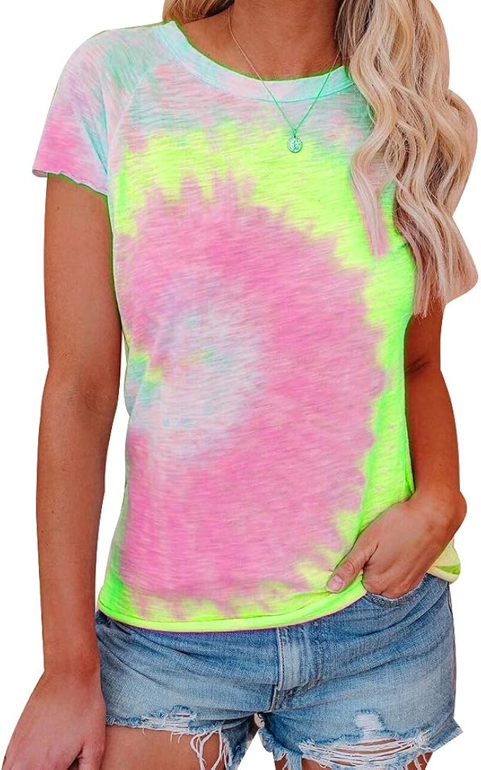 Tie Dye Shirt Women Short Sleeve Top Tye Dye Shirts for Women Casual Loose Round Neck T Shirts 