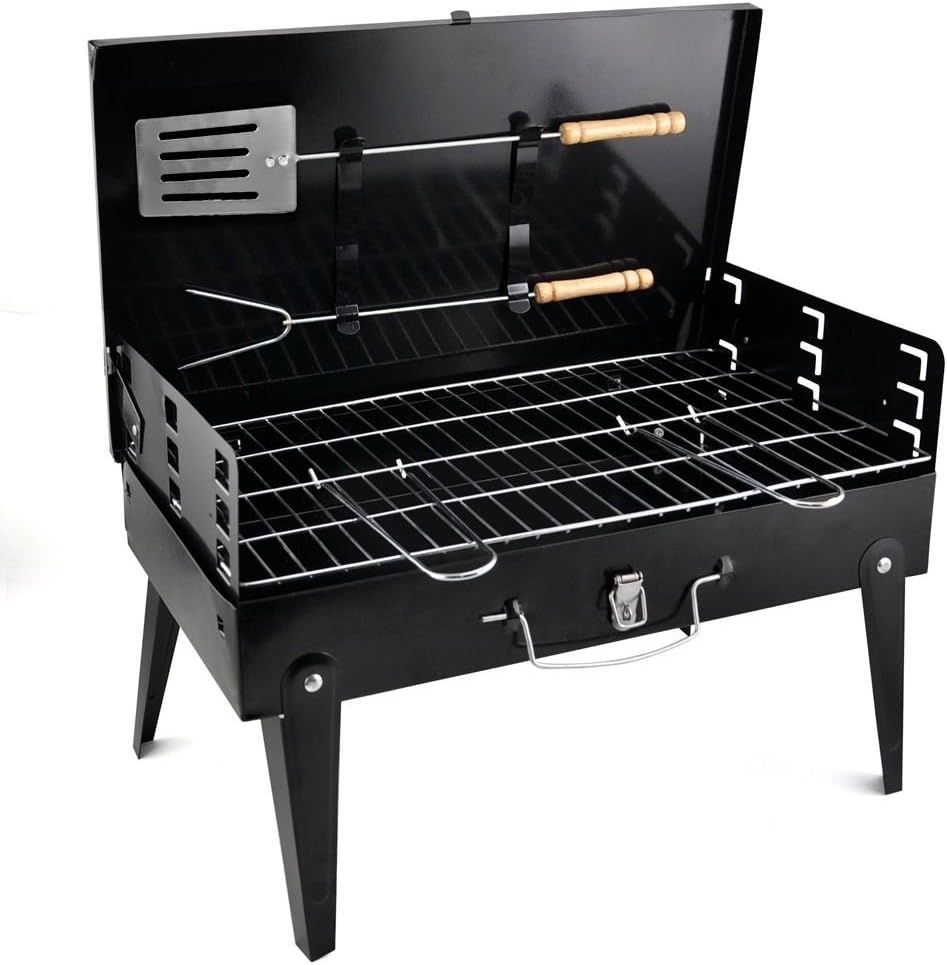 BLACK BBQ BARBECUE GRILL FOLDING LIGHT PORTABLE CHARCOAL TRAVEL PICNIC + TOOLS