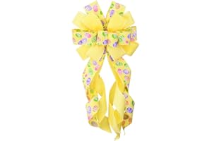 LANGFON Long Easter Wreath Bows, Yellow Easter Eggs Pattern Spots Burlap Easter Bows for Wreaths - Large Easter Burlap Tree Topper Bows for Holiday Front Door Wreath Decorations Indoor Outdoor
