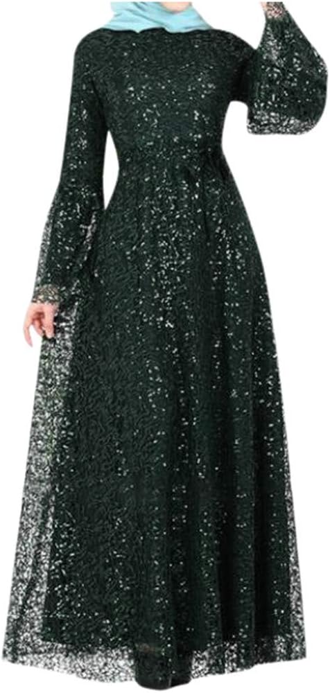 Maxi Dresses for Women Lace Sequin Glitter Muslim Abaya Dubai Gown Jalabiya Fancy Islamic Long Dress