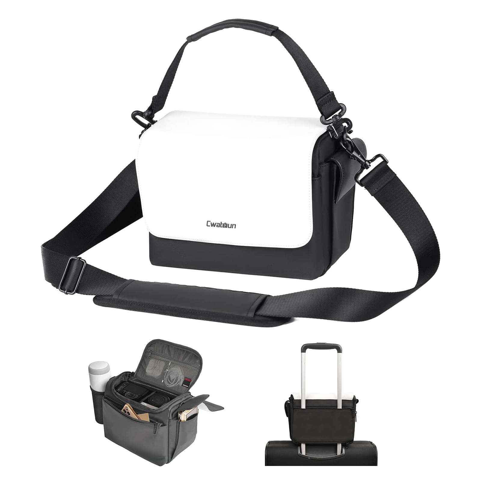 Cwatcun Camera Shoulder Bag, Waterproof Crossbody Case, Compact Photography Backpack, Compatible with Canon/Nikon/Sony/Fuji DSLR/SLR/Mirrorless Camera, Lens and Accessories, White