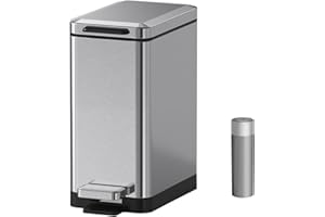 Mbillion Bathroom Trash Can with Lid Slim Stainless Steel Small Bathroom Garbage Can 10 Liter, 2.6 Gallon Soft Close, Step Pedal, Slim Wastebasket for Toilet, Office, Bedroom, Brushed Silver