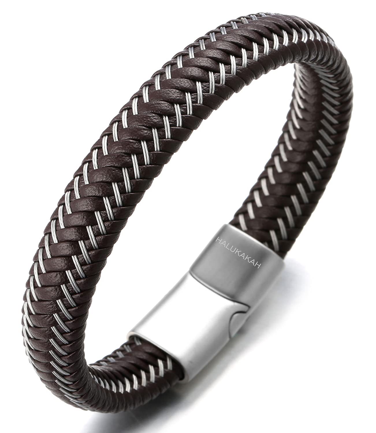 HALUKAKAH Plus ● Jazz ● Men's Genuine Leather Bracelet Titanium Magnetic Clasp Size Adjustable 8.5"(21.5cm) with Free Giftbox (Moonlight Silver 21.5cm)