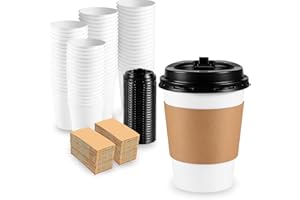 Amaxe Direct 12oz - 120 Pack Disposable Thickened Paper Coffee Cups with 120 Lids and 120 Sleeves l Fits with Coffee Cups Dis