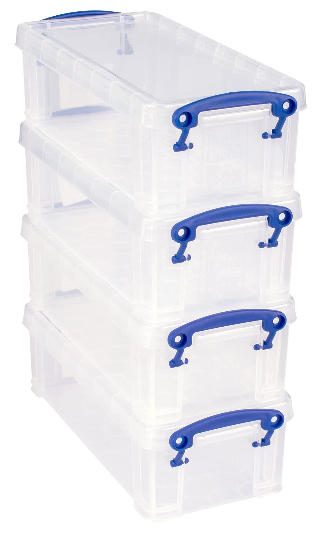 Really Useful Box Plastic Storage 0.9 Litre Clear (Pack of 4), external: 22 x 10 x 7 cm, internal: 18.5 x 8 x 6 cm