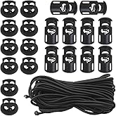 DLAND 20 PCS Plastic Cord Locks & Elastic Bungee Nylon Shock Cord 5/32" 50 ft Lengths,10 PCS Sing-Hole, 10 PCS Double-Hole End Spring Toggle Stopper Slider for Drawstring Shoelaces Clothing Bags