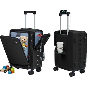 TABU 20" Front Opening Luggage with Detachable Side Bag, Black | Carry On Suitcase with Cup Holder & Lockable Wheels, Phone M