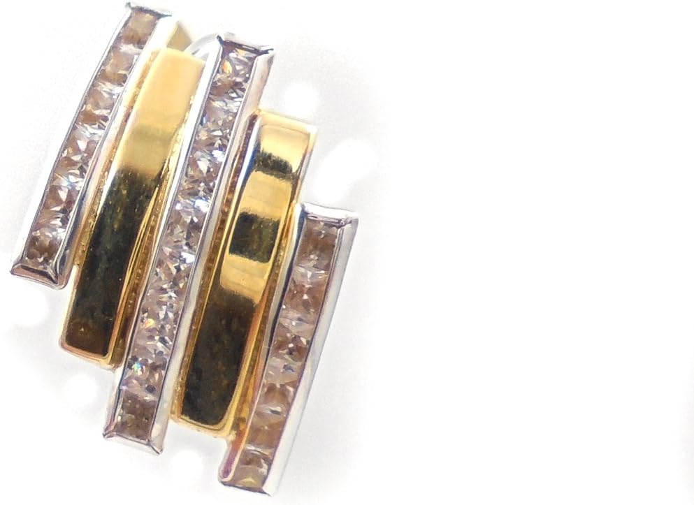 Earrings Women/Girl Gold Bicolor 18 Carat with 3 lines CZ Baguette Earrings in Channel and Fantastic Closure Catalan. Real Weight 1.7 grams