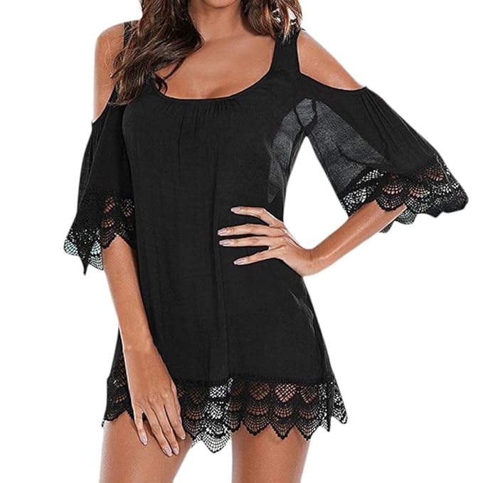 BOLAWOO Strandtunika Damen Elegant Sommer Casual Urlaub Strandkleid Minikleid Kurzarm Trägerlos Mode Zum Schnüren Beach Bikin