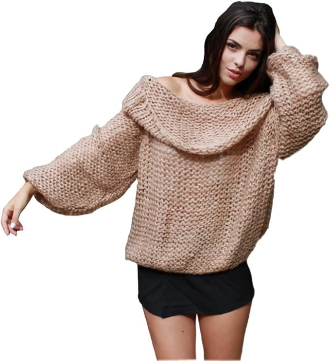 LookbookStore Women Inspired Chunky Fuzzy Oversized Off-Shoulder Cowl Neck Loose Sweater Top 