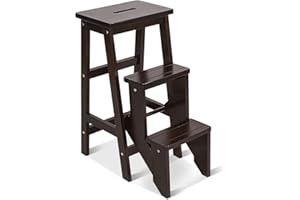 DORTALA 3 Tier Folding Step Stool, Rubber Wood Multifunctional Ladder Chair Bench, Portable Utility Seat, Flower Rack, 353 Lbs Capacity, Ideal for Library, Home (Coffee)