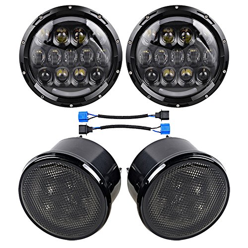 Set for 2007-2016 Jeep Wrangler JK JKU 7'' Round LED Headlight DRL + Front Turn Signal Indicator Lights (Pack of 4)