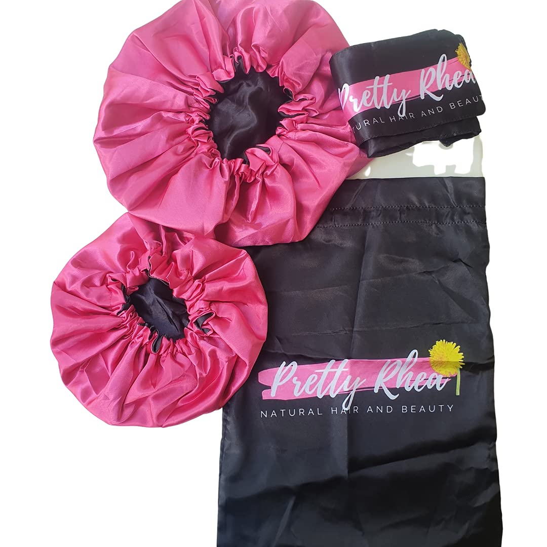 Mummy and Child Women Satin Reversible Double Sleep Silk Feel Night Cap Bonnet 2pcs- Pretty Rhea Hot Pink/Black