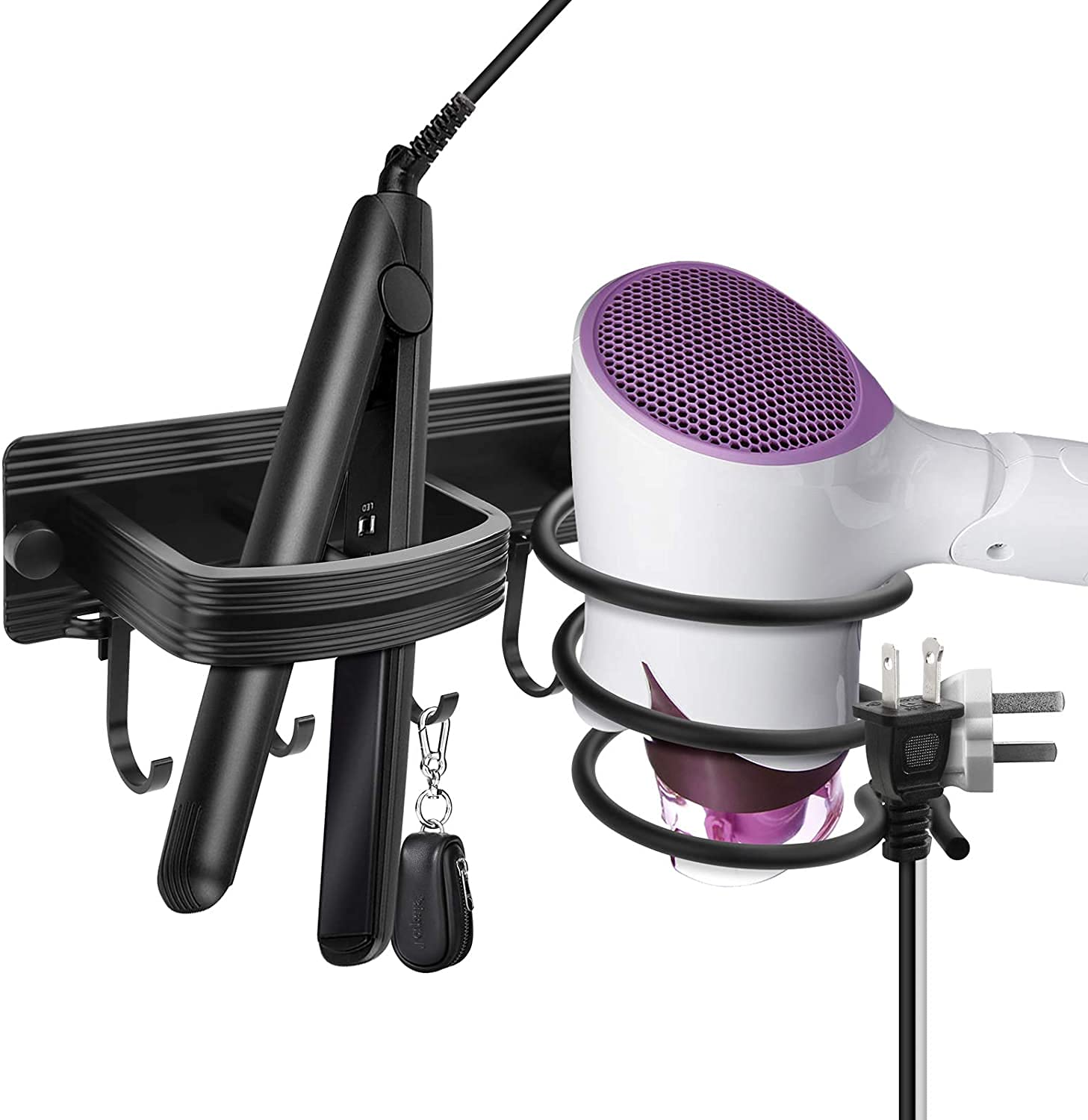 YUET Hair Dryer Holder Hairdryer Station Wall Mounted Spiral Shelf Rack Stand Hanger Straightener Organizer Storage Blow Bathroom with Four Hooks Professional Aluminum (Black)