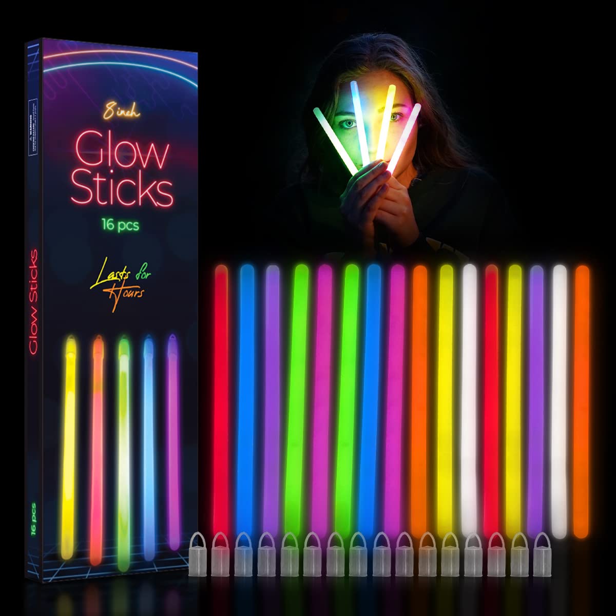 WINSOME Glow Sticks Party Packs 16 PCs - Ultra Bright Glow Sticks 8 Inch Mega Party Pack - Glow In The Dark UV Neon Light Glow Stick Party Poppers Large Light Stick for Christmas