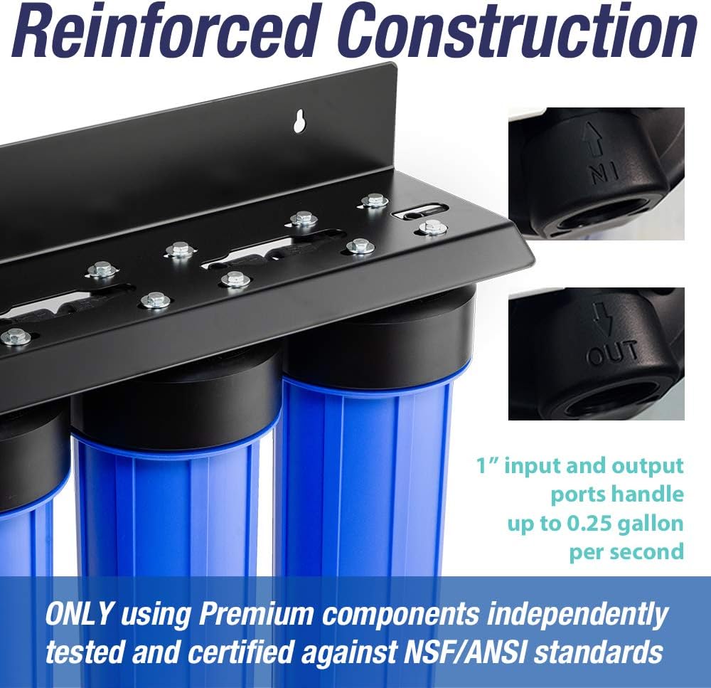 iSpring WGB32B-PB 3-Stage Whole House Water Filtration System w/ 20-Inch Big Blue Sediment, Carbon Block, and Lead Reducing Filter - - 