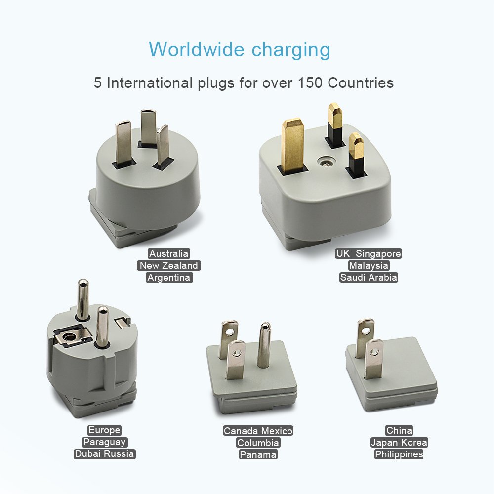 World Travel Adapter Charger Kit - 3 USB + 2 US Outlets, Includes Plugs for Europe, UK, China, Australia, Japan - Perfect for Laptop, Cell Phones and more