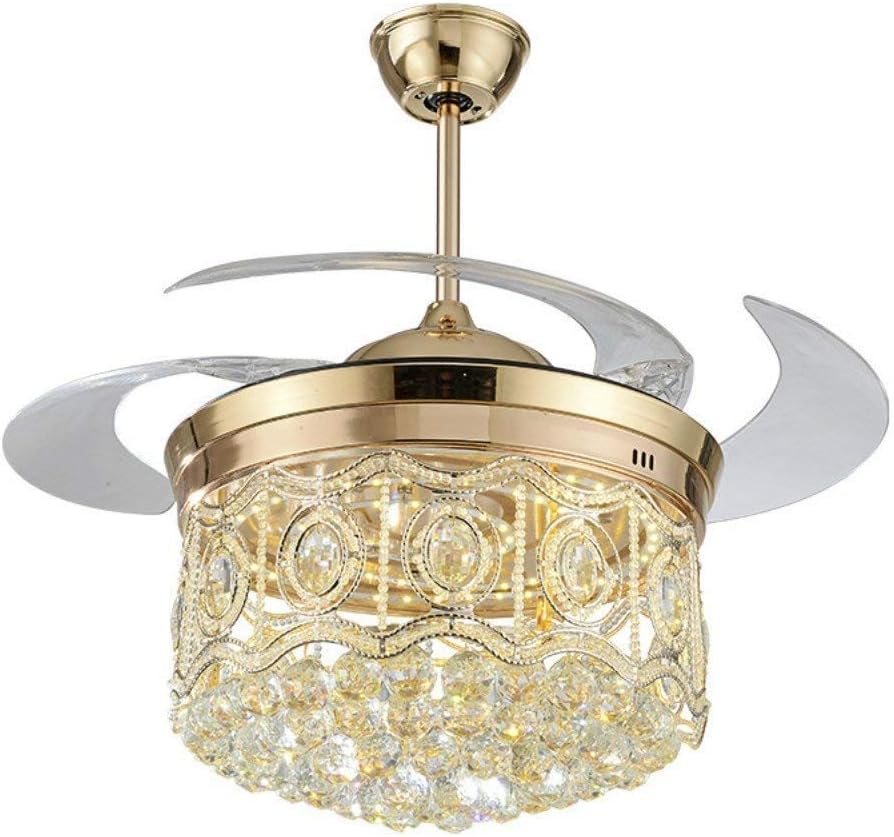 Lighting Groups 42 Inch Invisible Crystal Ceiling Fan with Light & Remote Control, European Retractable Blades LED Chandelier Fan with Three Change Colors for Bedroom Living Room Diningroom (Gold)