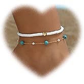 Eviarli Bohemian Layered Turquoise Anklet Retro White Clay Bead Ankle Bracelets Gold Heart Anklets Chain Bracelet Summer Beach Foot Ankle Chain Jewelry for Women and Teen
