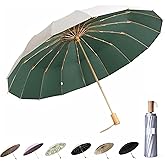 Compact Umbrellas For Rain and Sun UPF 50+ UV Protection Travel Size Windproof waterproofing and Strong Travel Essentials for Men Women 16 Ribs Wooden Handle Dark Green Birthday Gifts For Men